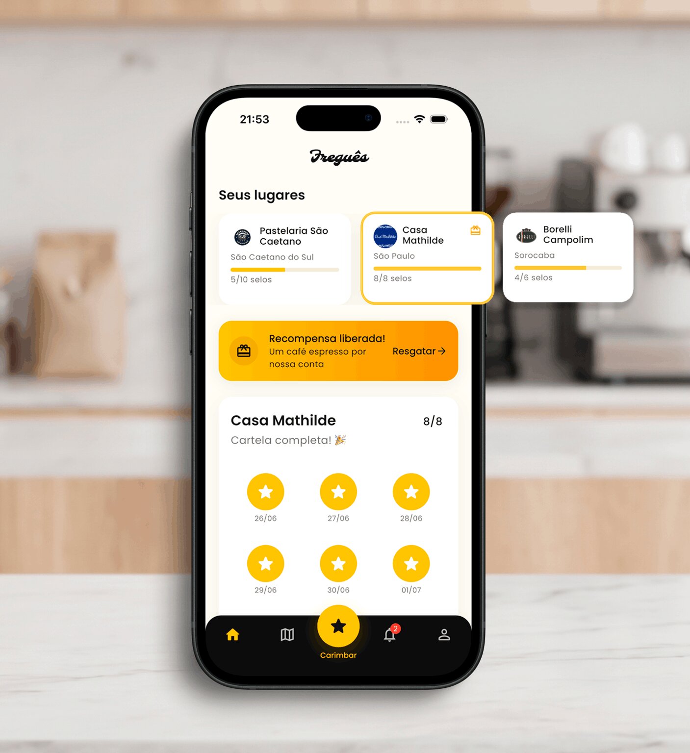 App do Freguês recebendo o selo no celular do cliente